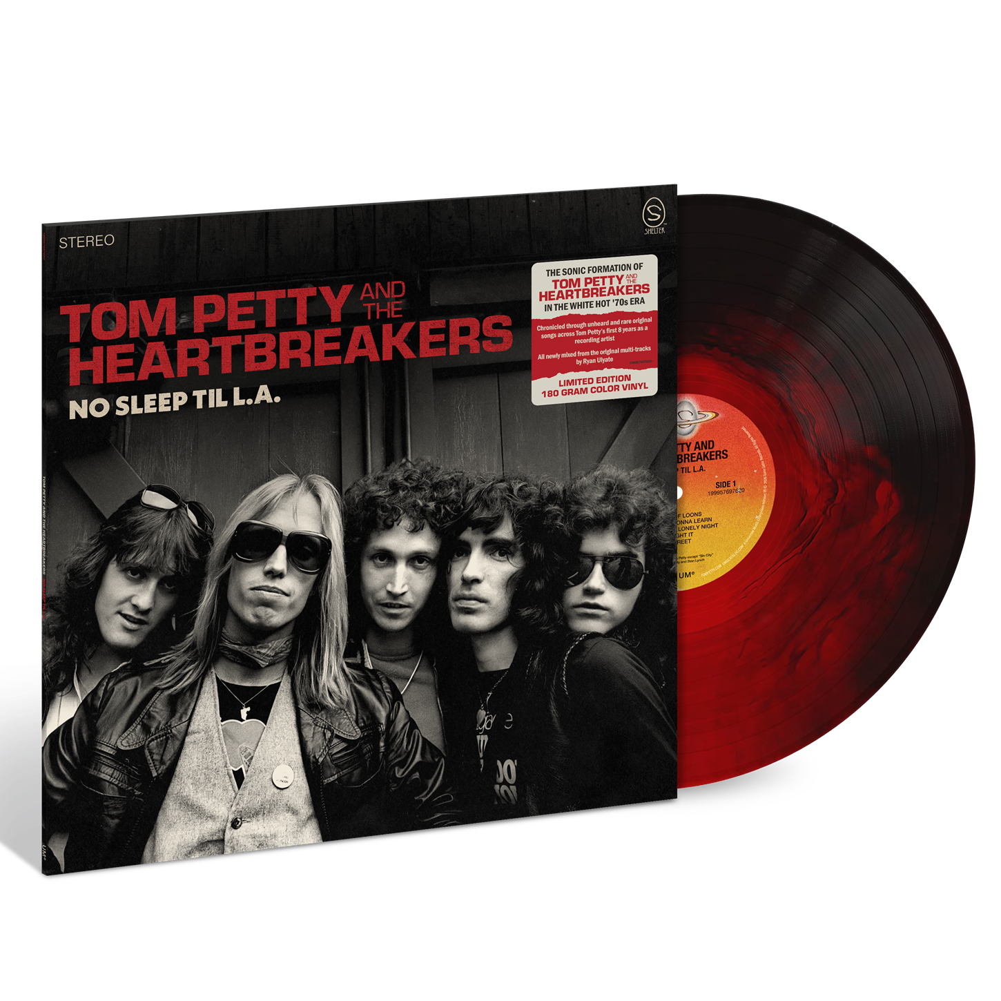 Tom Petty and The Heartbreakers vinyl record album shown with the front cover, a red translucent record partially pulled out, and a white sticker on a black background.