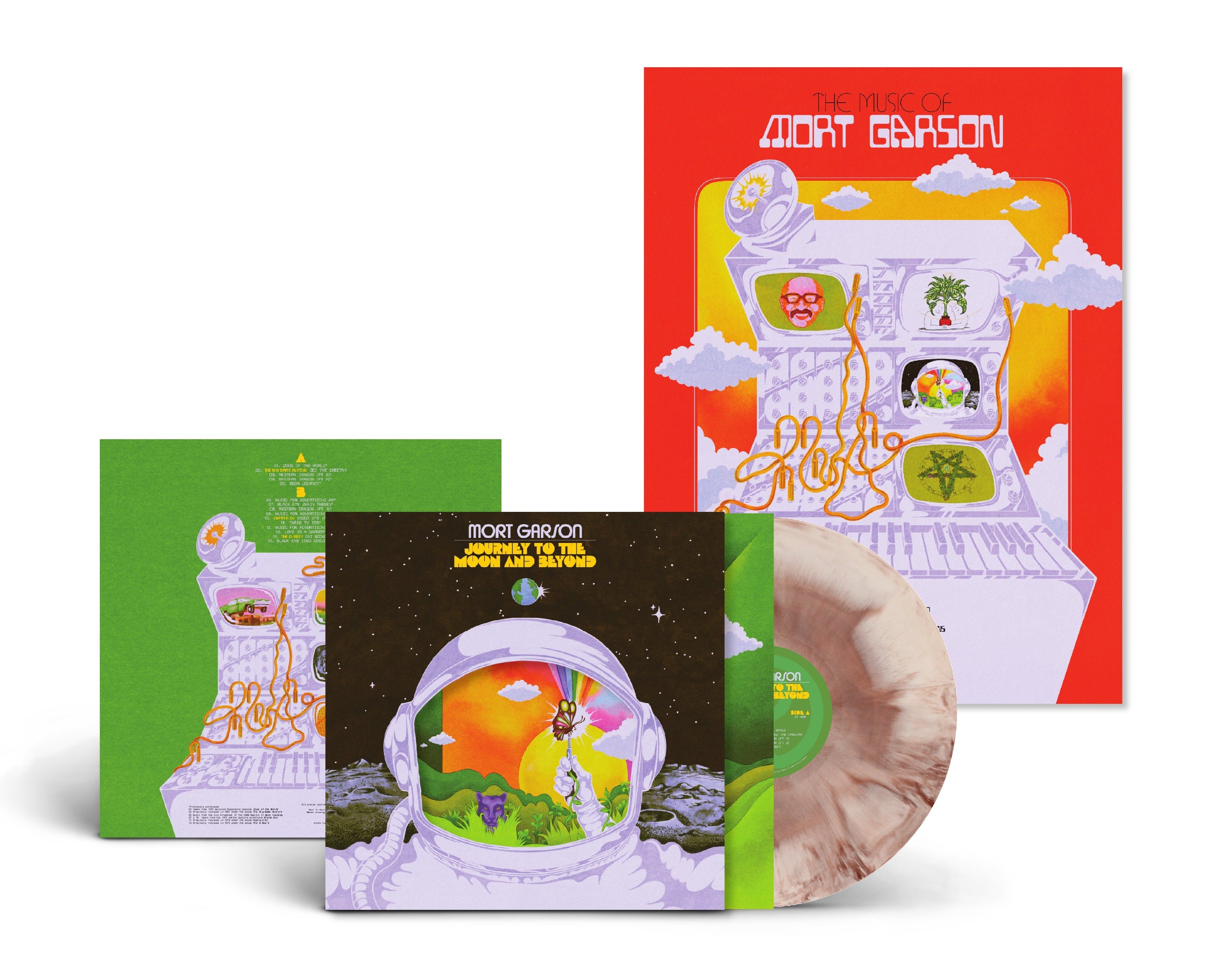 package layout: LP insert, LP on brown swirl, and poster